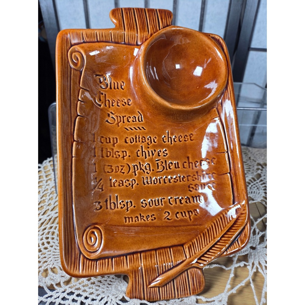 Vintage California USA Pottery S70 Blue Cheese Recipe Chip Dip Platter Brown